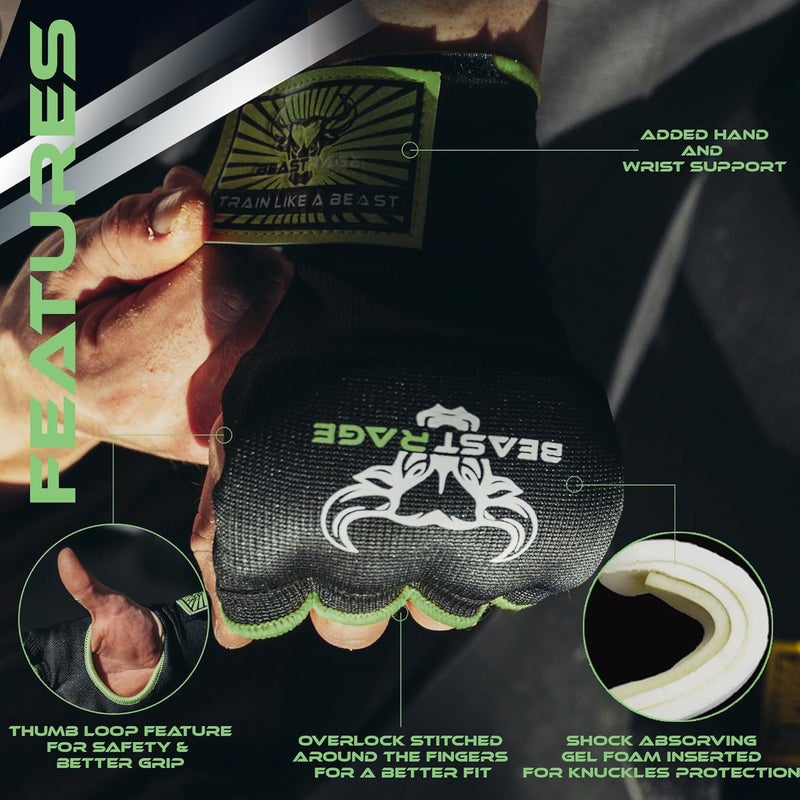 BEAST RAGE Inner Gloves with Hand Wraps Quick Wrap Long 36" Wrist Support MMA Muay Thai Bandages Punching Martial Arts Training Men Women Kickboxing Bandages Under Bag Gloves - Image 2